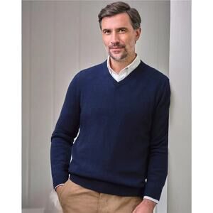Embassy Row Two Ply Cashmere Long Sleeve V-Neck Pullover Sweater Navy Mens Large